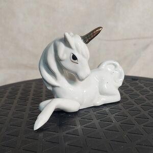 Vintage 1980s Enesco White Porcelain Unicorn Figurine Gold Horn Lying Down